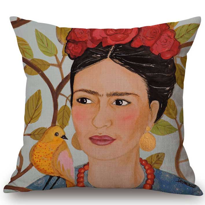 Dekokissen mit künstlerischem Frida-Motiv und Vogel – stilvolles Sofakissen im Bohème-Design, handgefertigt mit ausdrucksstarkem Porträt und floralen Elementen.