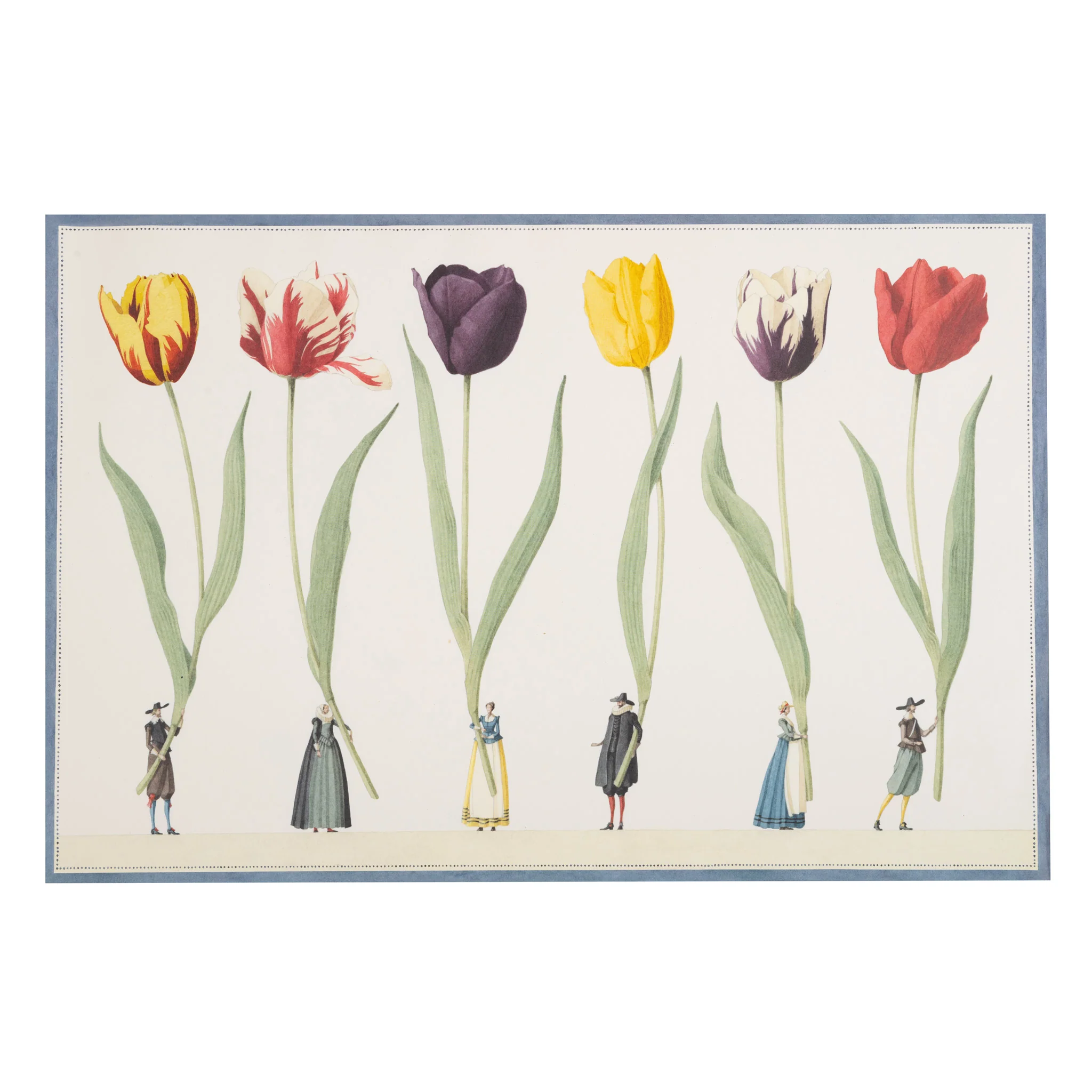 Papier-Placemats „Tulips Parade“ von Laura Stoddart mit farbenfrohen Tulpen und historischen Figuren – stilvolle Tischdekoration für Frühlingsfeste und elegante Dinner.