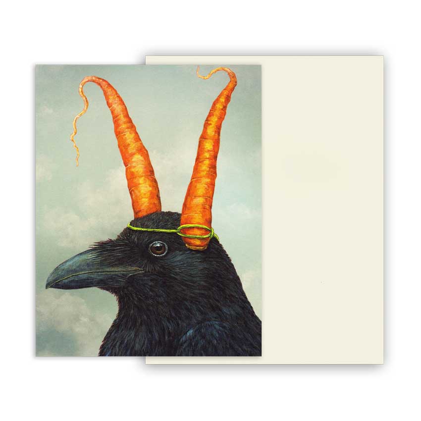 Grußkarte von Hester & Cook mit Kunstwerk von Vicki Sawyer: schwarzer Rabe mit zwei orangen Karotten auf dem Kopf. Humorvolle und kunstvolle Karte für besondere Grüße oder Anlässe.