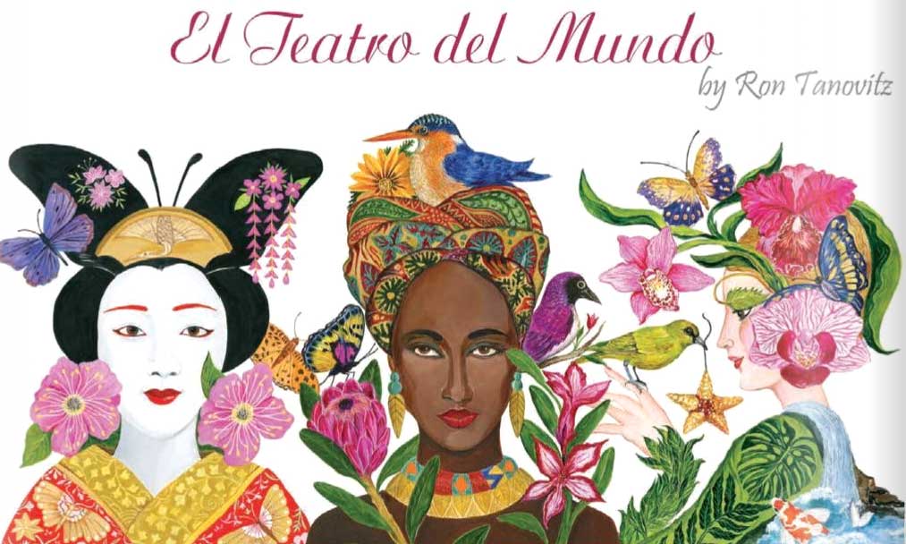 PPD Servietten von verschiedenen Künstlerinnen und Künstlern PPD Servietten mit Kunstmotiv „El Teatro del Mundo“ von Ron Tanovitz – farbenfrohe Porträts mit Blumen, Vögeln und Schmetterlingen, inspiriert von globaler Vielfalt.