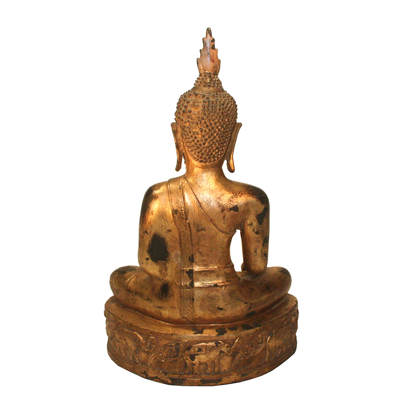 Rückansicht der vergoldeten Siddharta Gautama Buddha Figur aus Bronze auf Elefantenthron – fein gearbeitete Details und antike Patina auf dem Rücken