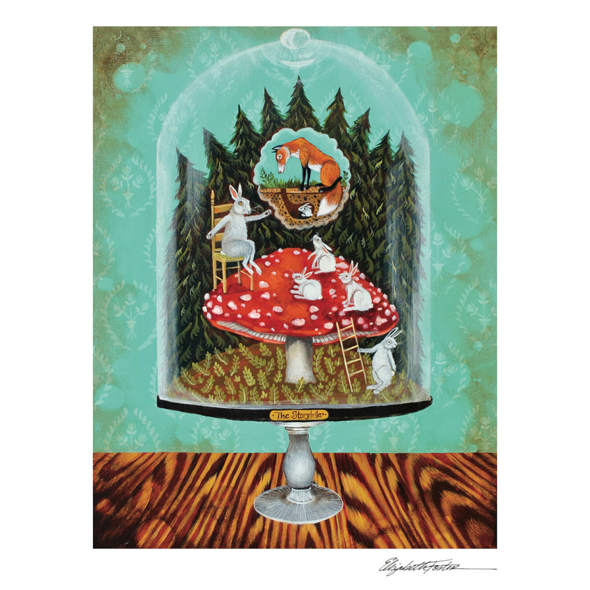 Art Print „The Storyteller“ von Elizabeth Foster – märchenhafte Tierszene mit Hasen und Fuchs unter einer Glasglocke