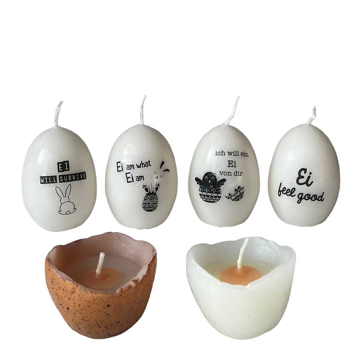 Schwarz weiße Ostereierkerzen mit Schriftmotiven und Ei-Teelichtern – dekorative Kerzen in Ei-Form für moderne Osterdekoration oder als Geschenk.