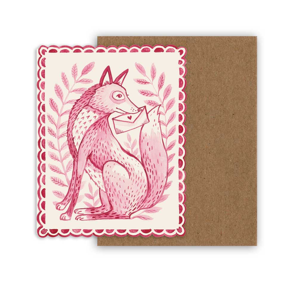 Grußkarte You’re a Fox von Elizabeth Foster – verspielte Illustration eines roten Fuchses mit einem Brief im Maul, in Rosa- und Rottönen mit floralem Rahmen, inklusive Kuvert.