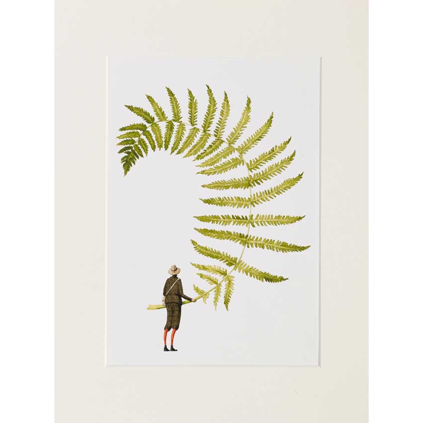 Art Print „Fern 5“ von Laura Stoddart – geschwungener Farnwedel in Aquarelloptik mit kleiner Figur, hochwertiger Giclée-Kunstdruck