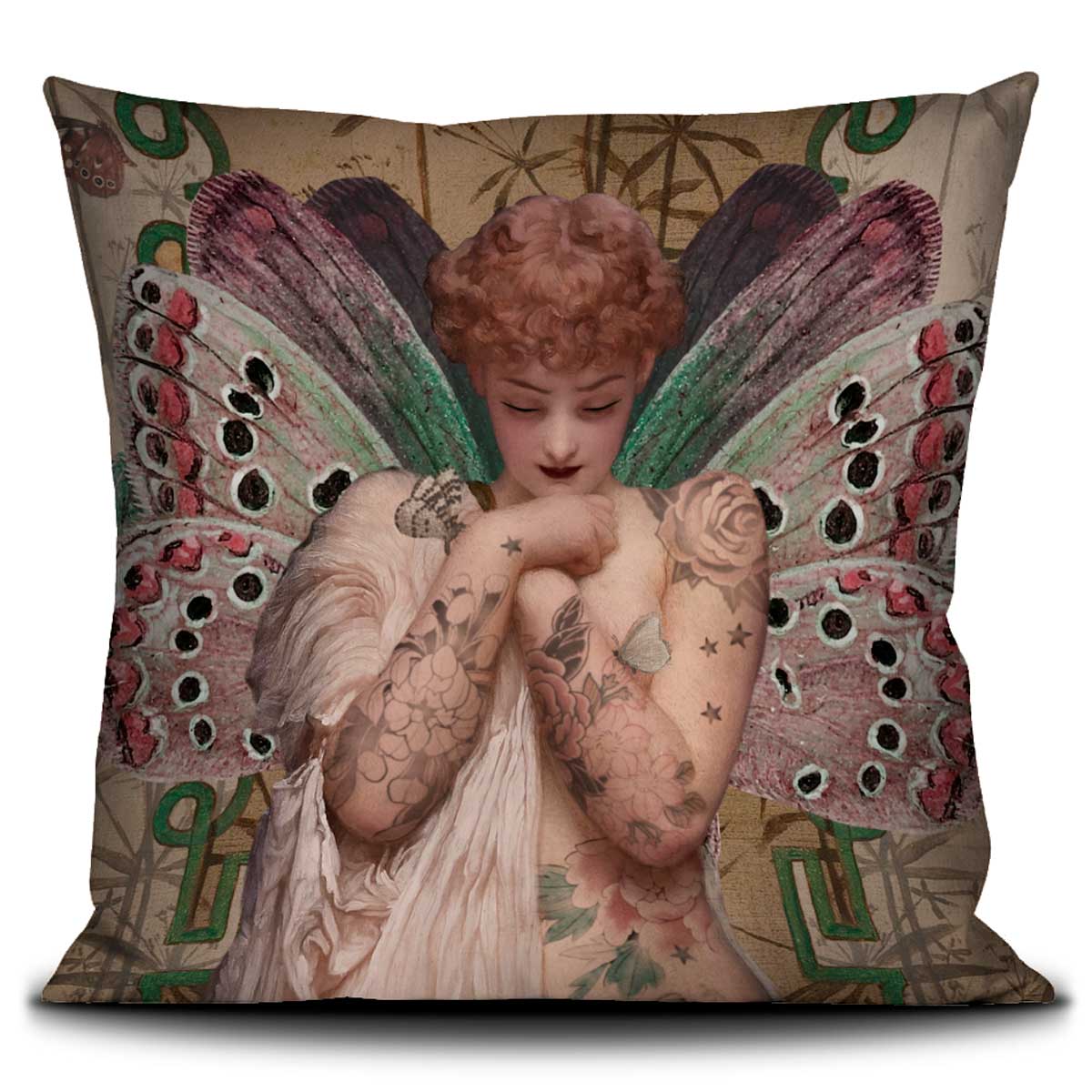 Voglio Bene Kissen ANGEL Rückseite 60x60 cm – elegantes Samtkissen mit Engel-Detail, Flügeln und ornamentalen Mustern in warmen Beige- und Grüntönen