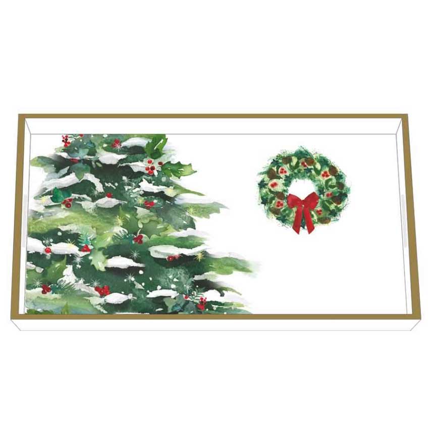 "Winter Tree & Wreath" / Wooden Lacquer Tray - Tablett von PPD