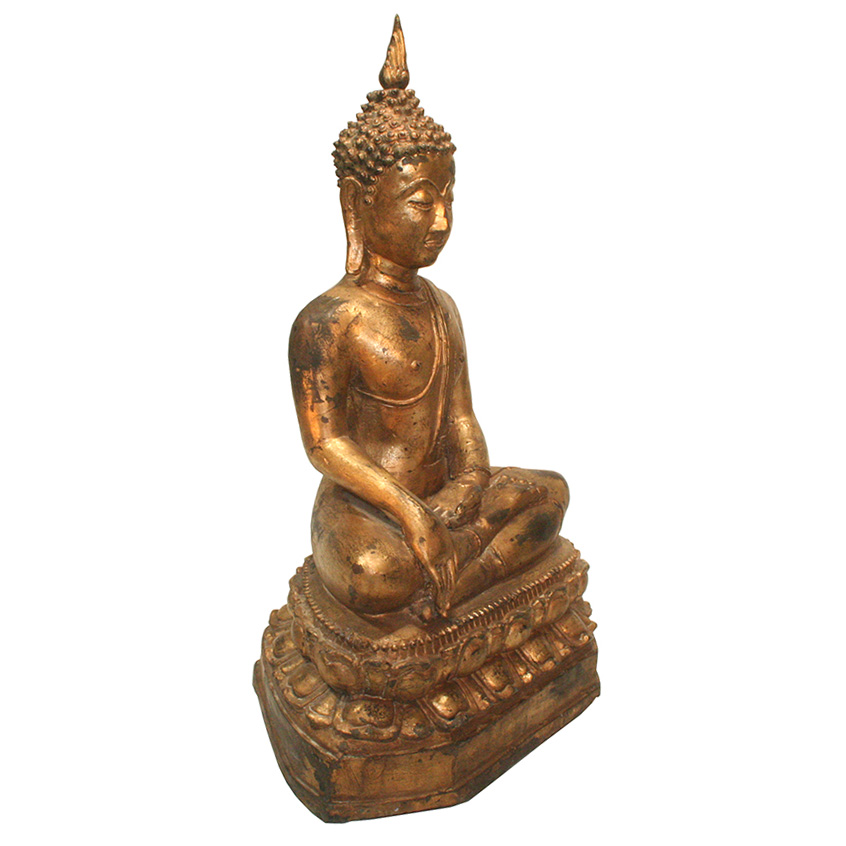 Dreiviertelansicht der vergoldeten Siddharta Gautama Buddha Figur aus Bronze – feine Handarbeit auf Lotosblumenthron, Ausdruck tiefer Meditation und Gelassenheit