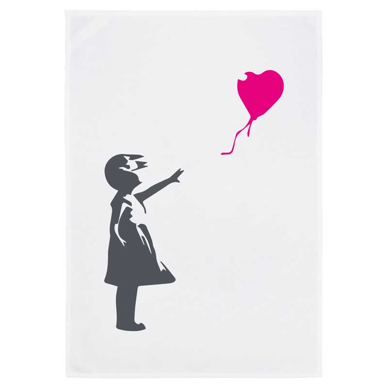Geschirrtücher mit Statement. Geschirrtuch von 17;30 mit modernem Motiv eines Mädchens und rotem Herzluftballon – minimalistisches Design aus Baumwolle, inspiriert von Street Art.
