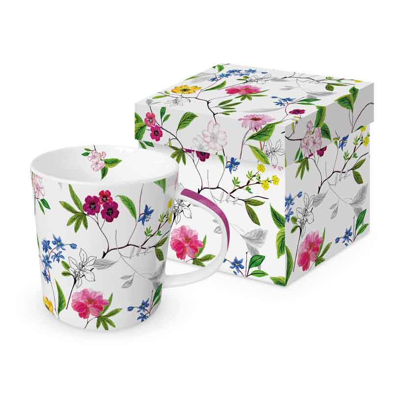 PPD Tasse „Flower Power“ mit buntem Blumenmotiv auf weißem Hintergrund, liebevoll illustriert und mit Geschenkbox – farbenfrohe Porzellantasse für frische Tischkultur.
