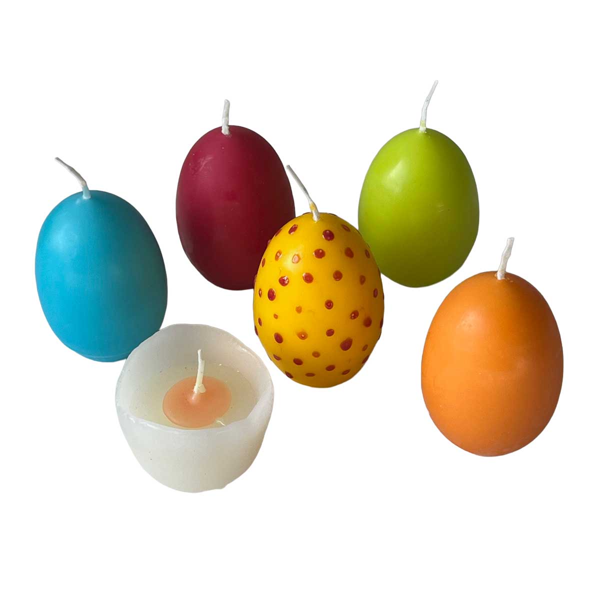 6 bunte Ostereierkerzen in verschiedenen Farben – dekorative Kerzen in Ei-Form für Osterdekoration, Frühlingstisch oder als Geschenkidee zu Ostern.