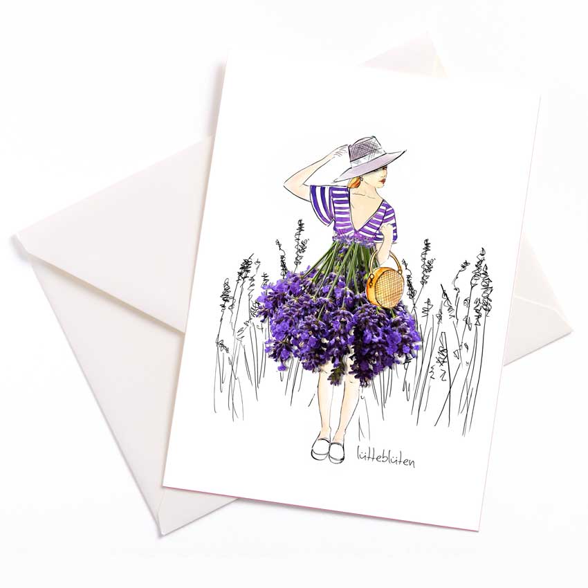 Illustration von Lütteblüten: Frau im Lavendelfeld mit violettem Blütenrock, Strohhut und Korb. Grußkarte „Provence“ – sommerlich, romantisch und inspiriert von der Schönheit Südfrankreichs.