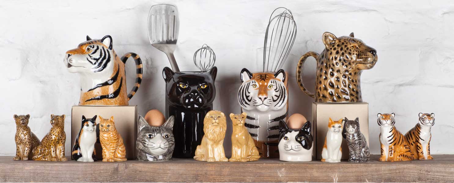 Keramik-Tierfiguren und Krüge von Quail Ceramics als originelle Geschenkideen. Handbemalte Deko- und Küchenaccessoires in Tierform – von Tiger bis Katze.
