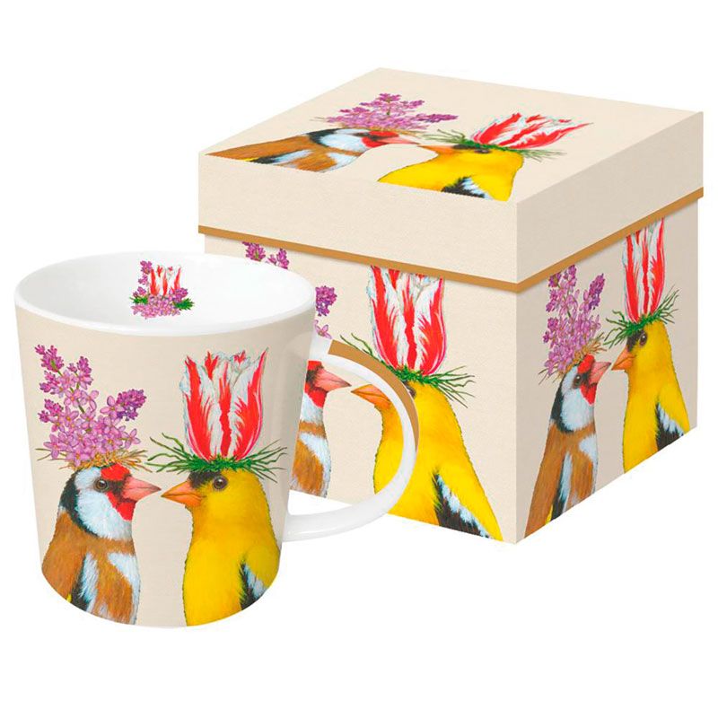 PPD Tasse „Spring Romance“ mit farbenfrohem Vogelmotiv von Vicki Sawyer, geschmückt mit Blumen und Blättern, inklusive passender Geschenkbox – frühlingshaftes Design für PPD Tischkultur.