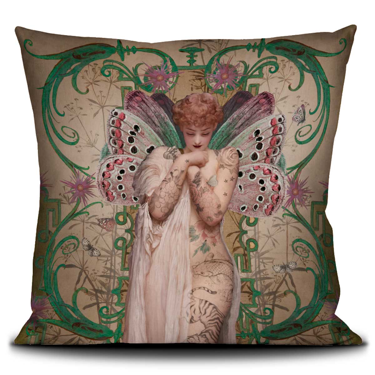 Voglio Bene Kissen ANGEL 60x60 cm – Design-Samtkissen mit Engelmotiv, filigranen Flügeln, Tattoos und floralen Elementen in sanften Naturtönen