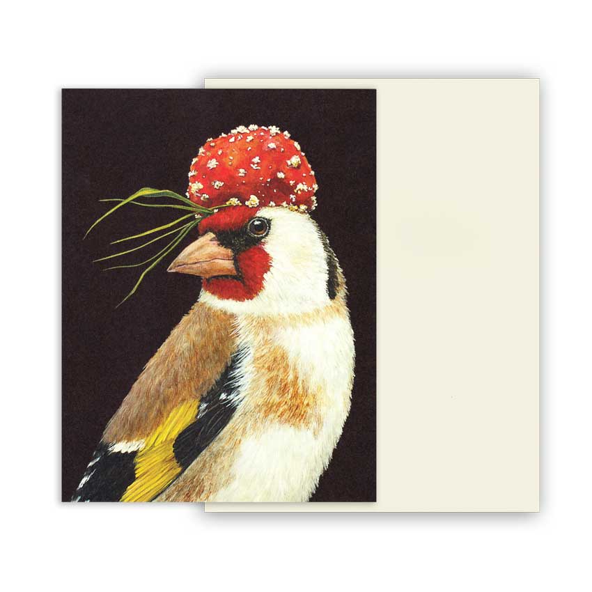 Grußkarte von Vicki Sawyer für Hester & Cook: farbenfroher Stieglitz mit einer roten Beerenmütze auf dunklem Hintergrund. Detaillierte und humorvolle Tierillustration – perfekt für Grüße mit Charme.