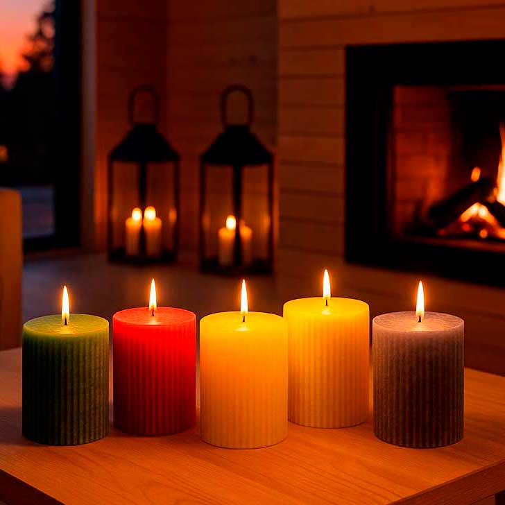 Fünf farbige Shape & Shine Stumpenkerzen mit Rillenstruktur in warmem Kerzenlicht vor Kamin und Laternen – stimmungsvolle Abend- und Winterdeko mit gemütlicher Atmosphäre.