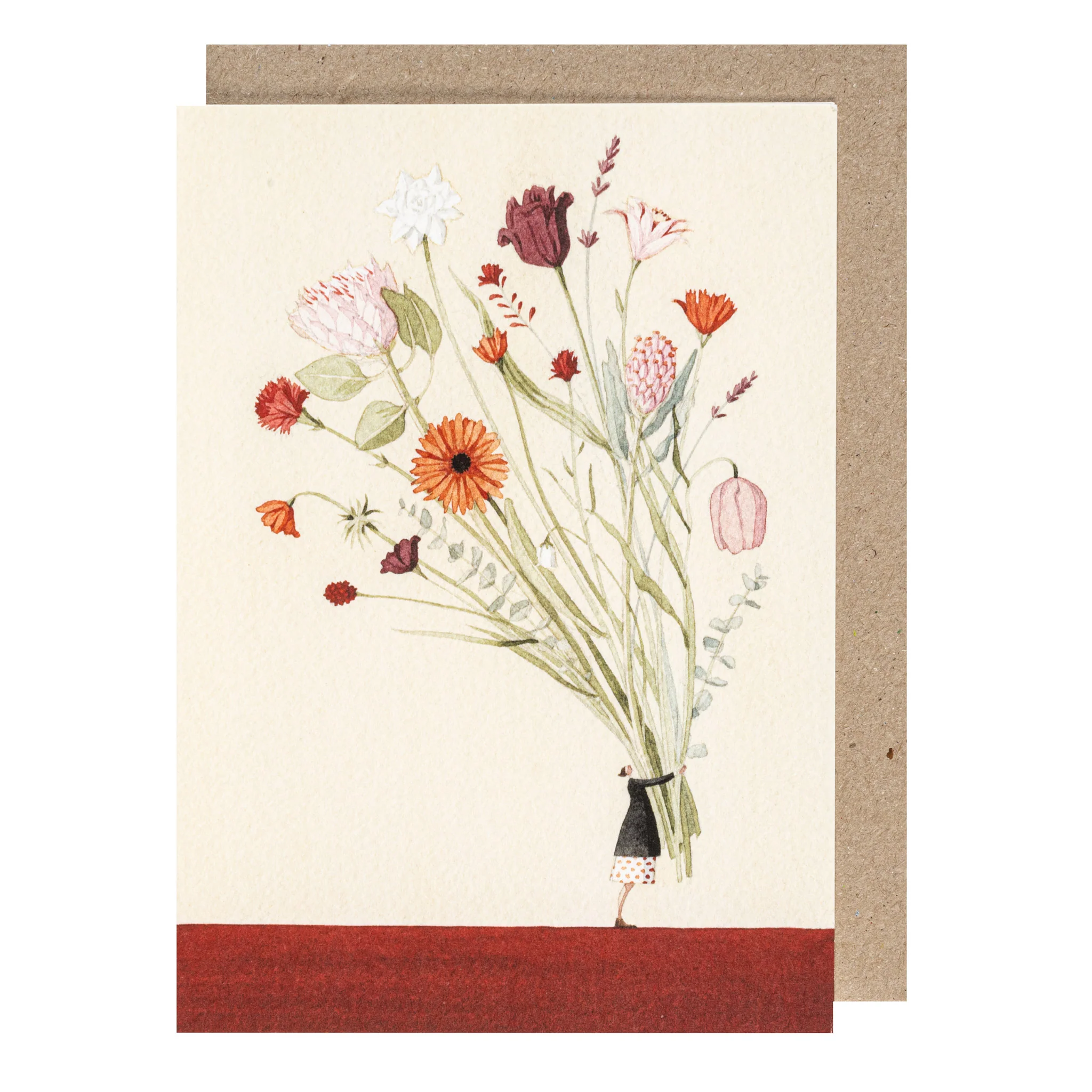 Grußkarte „Flower Bundle“ von Laura Stoddart mit zartem Aquarell-Blumenstrauß und poetischer Miniaturfigur – florale Papeterie aus England mit botanischem Charme.
